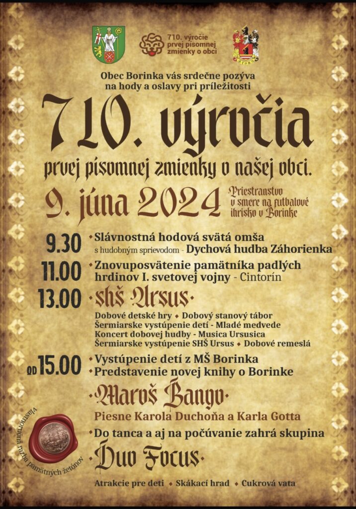 710. výročie prvej písomnej zmienky o obci Borinka